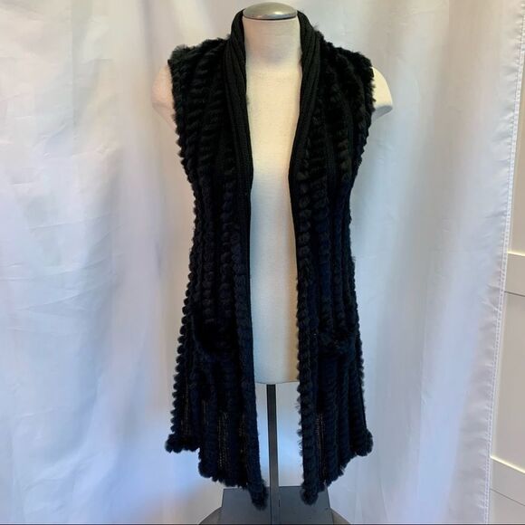 Love Token black rabbit fur high low asymmetrical vest with pockets size small - Picture 3 of 13